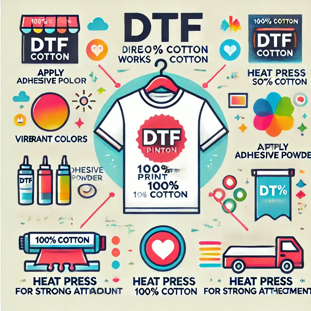 Explainer infographic on DTF printing on 100% cotton, highlighting adhesive application, vibrant colors, and the heat press process.