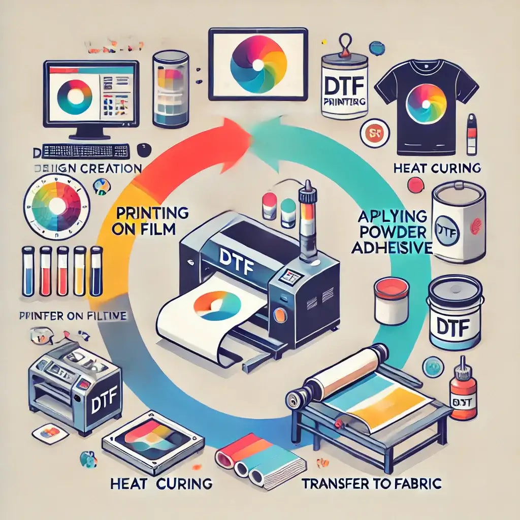 "DTF printing process: design creation, printing on film, applying powder adhesive, heat curing, and fabric transfer in Leicester, UK"