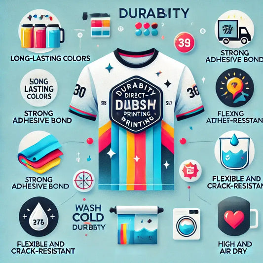 Infographic on DTF printing durability with vibrant shirt design and features like strong adhesive bond and long-lasting colors.
