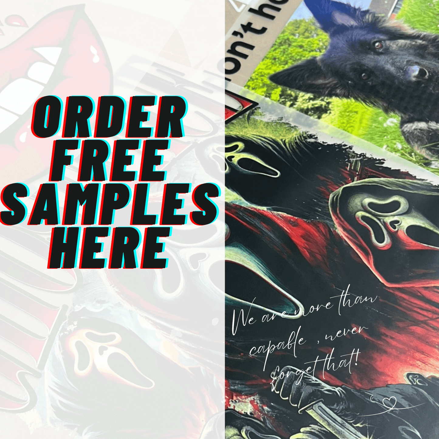 DTF transfer sheet sample pack with colorful designs and text "Order Free Samples Here" in bold lettering.