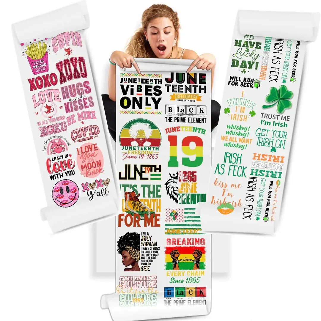 Woman holding colorful DTF gang sheet with vibrant custom designs for fabric printing.