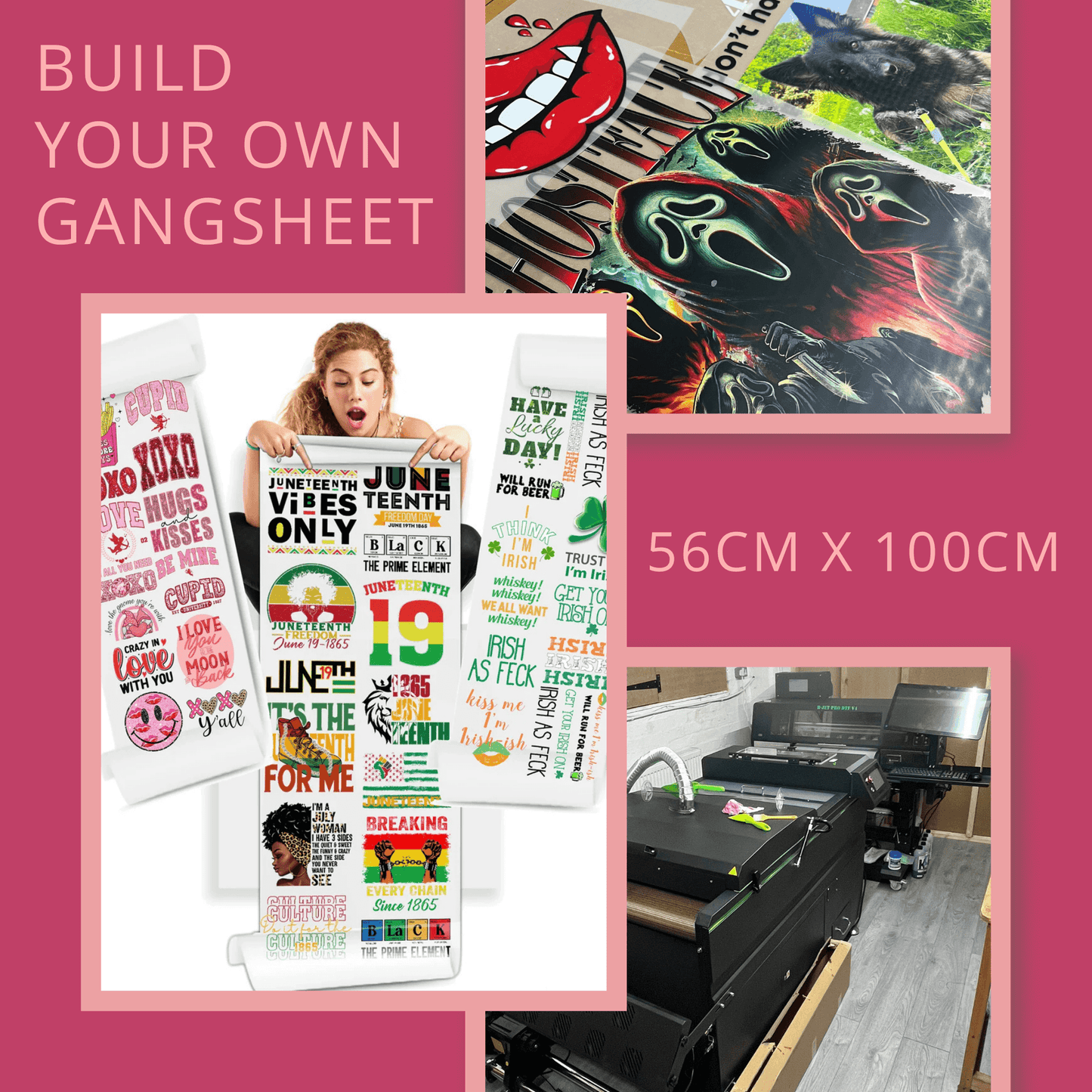 Custom DTF gang sheet transfer 56cm x 100cm showcasing vibrant prints in Leicester, UK – Build your own DTF design with GARMENT GUARDIANS.