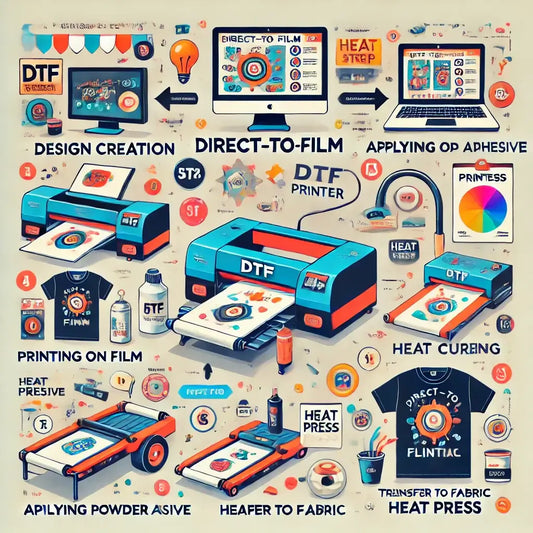 "DTF printing process infographic showcasing design creation, adhesive application, heat curing, and transfer to fabric steps."