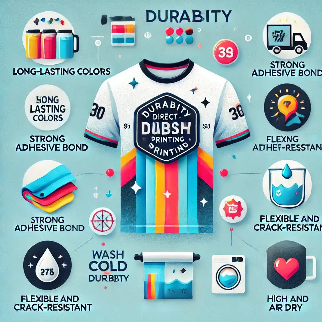 Infographic on DTF printing durability with vibrant shirt design and features like strong adhesive bond and long-lasting colors.
