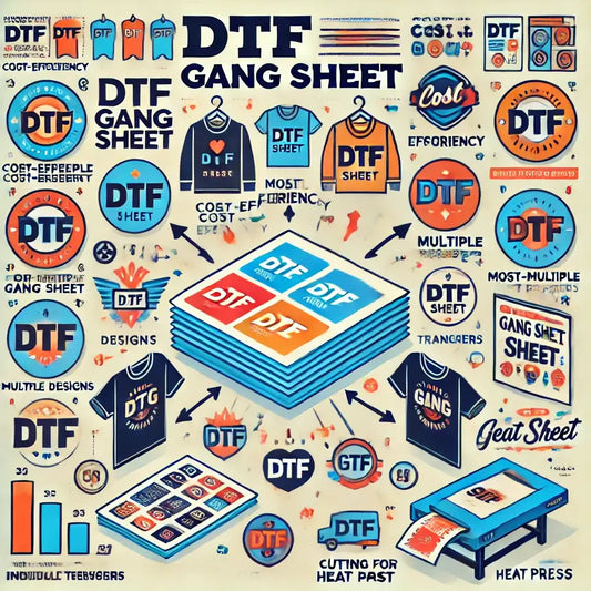 Creative DTF gang sheet design highlighting DTF printing benefits, cost-efficiency, and versatility in garment printing.