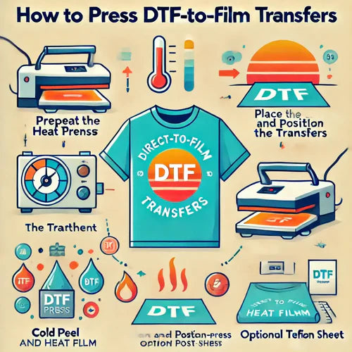 Illustrated guide on how to press DTF transfers with heat press, featuring steps and equipment like Teflon sheet and post-press option.