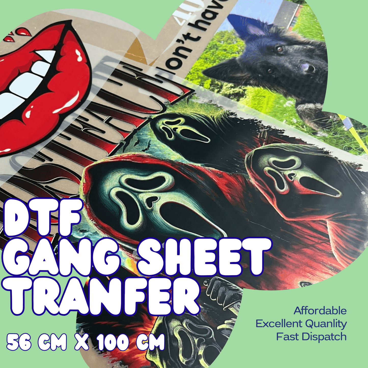 "Premium DTF Gang Sheet Transfer 56x100cm with vibrant designs, available in Leicester UK for high quality apparel customization"