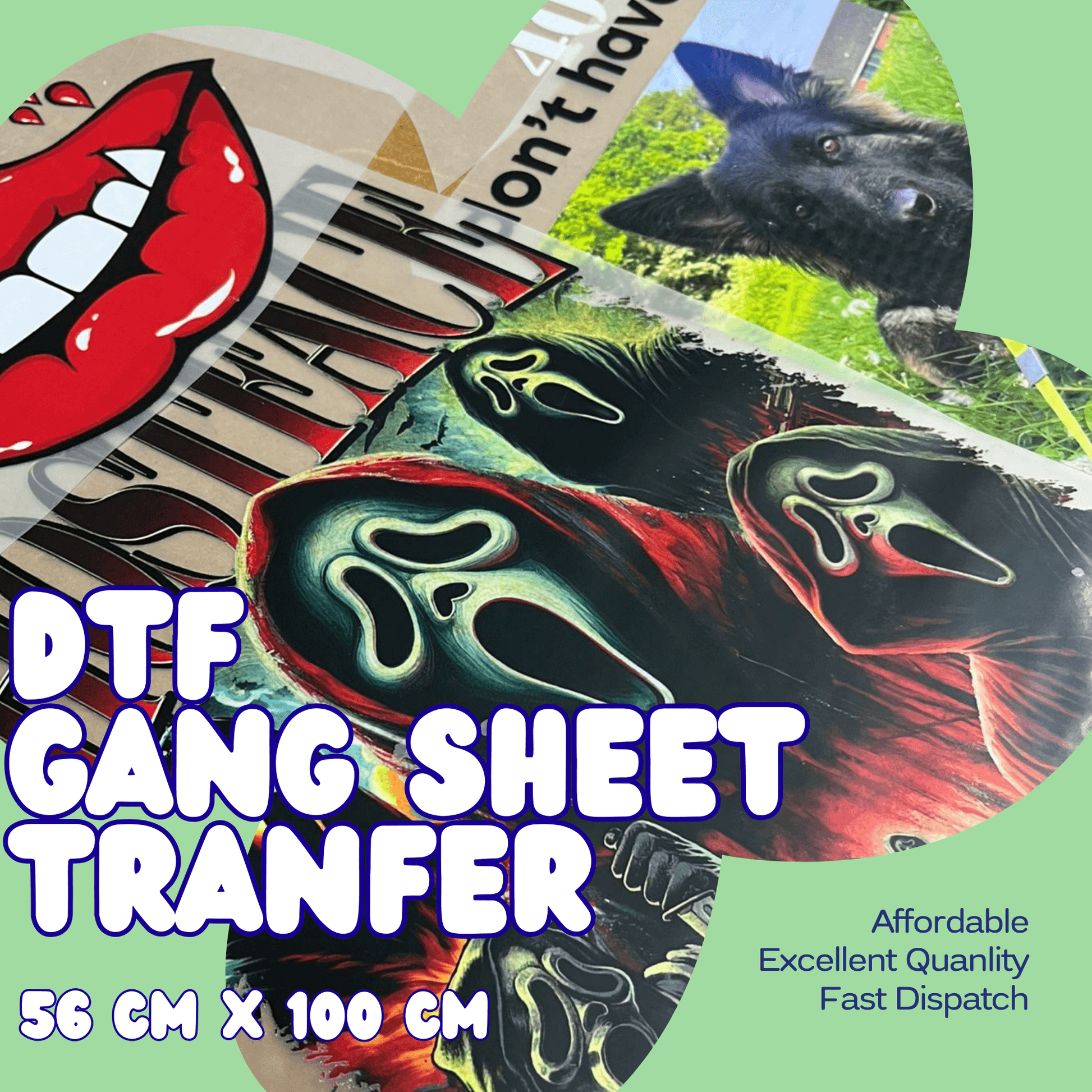 "Premium DTF Gang Sheet Transfer 56x100cm with vibrant designs, available in Leicester UK for high quality apparel customization"